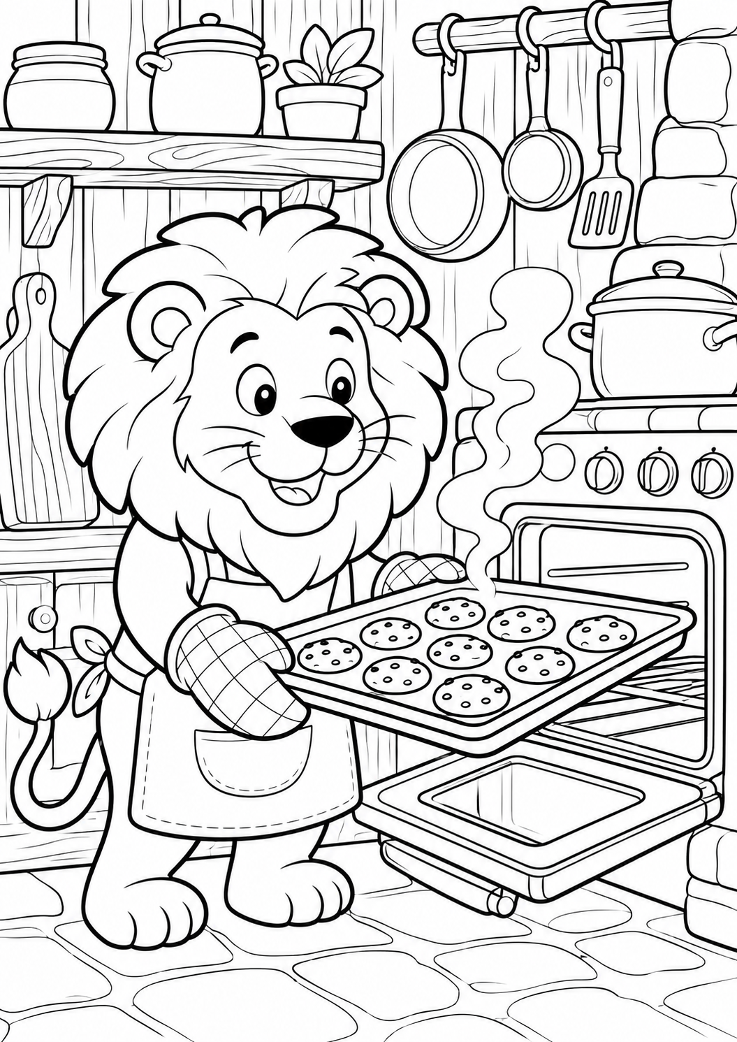 A happy lion in an apron and oven mitts taking freshly baked cookies out of the oven. The scene is set in a cozy kitchen with various pots and pans hanging on the wall, creating a fun atmosphere for children to color.