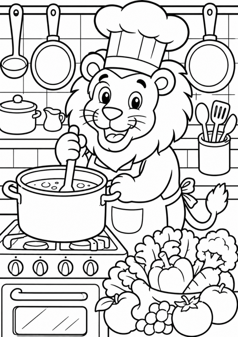 A cheerful lion dressed as a chef is stirring a pot on the stove, surrounded by fresh vegetables. Kids will delight in coloring this playful and imaginative scene, enhancing their creativity.
