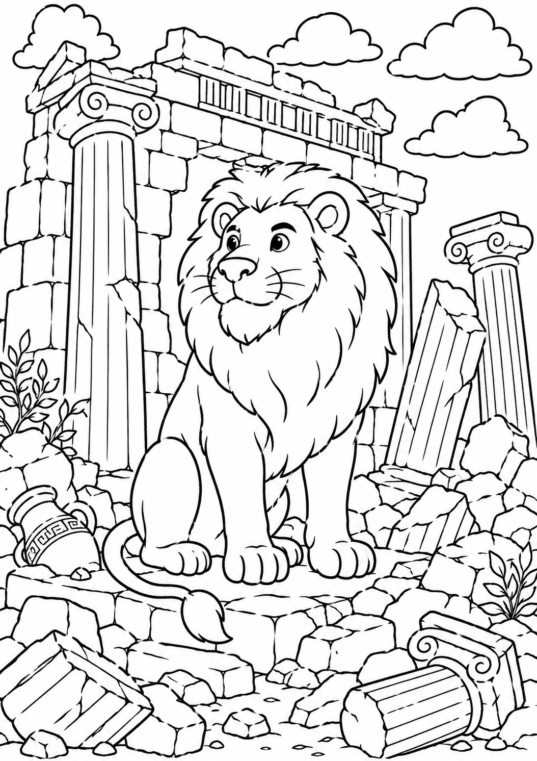This coloring page features a majestic lion sitting among ancient ruins. Children can enjoy coloring the detailed broken columns, scattered stones, and the calm expression of the lion, adding to a blend of history and fantasy.