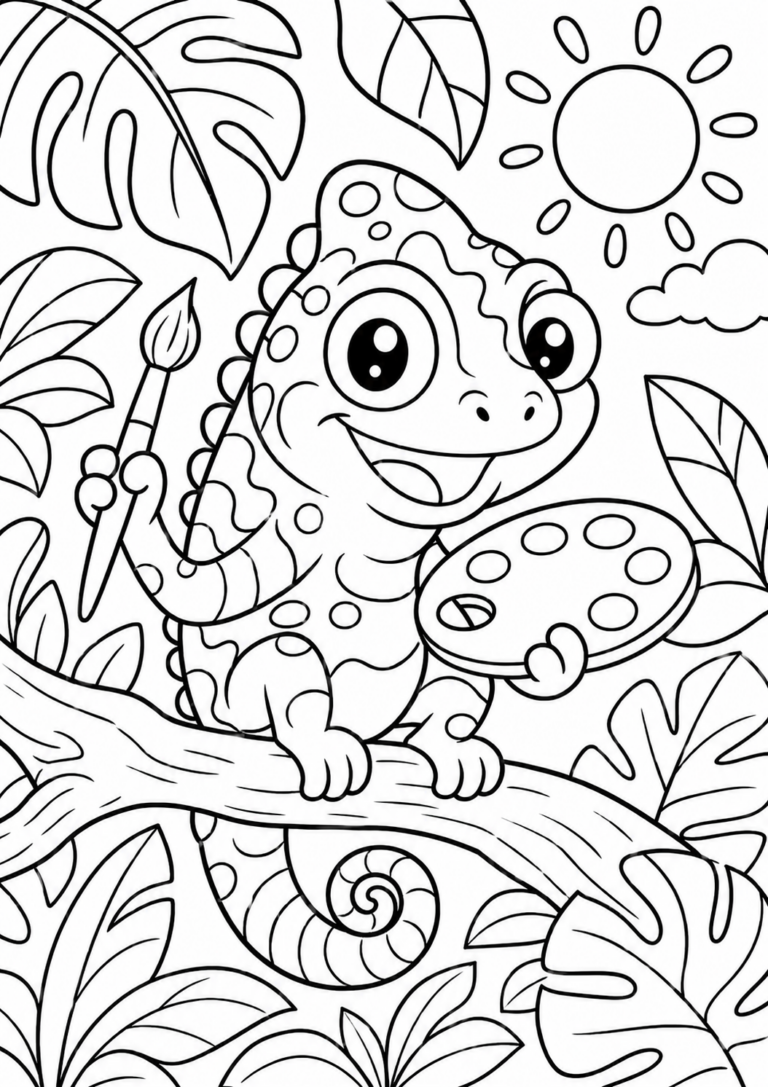 A whimsical coloring page showing a lizard with a paintbrush and palette, surrounded by leaves and sun, inviting kids to bring creativity to life.