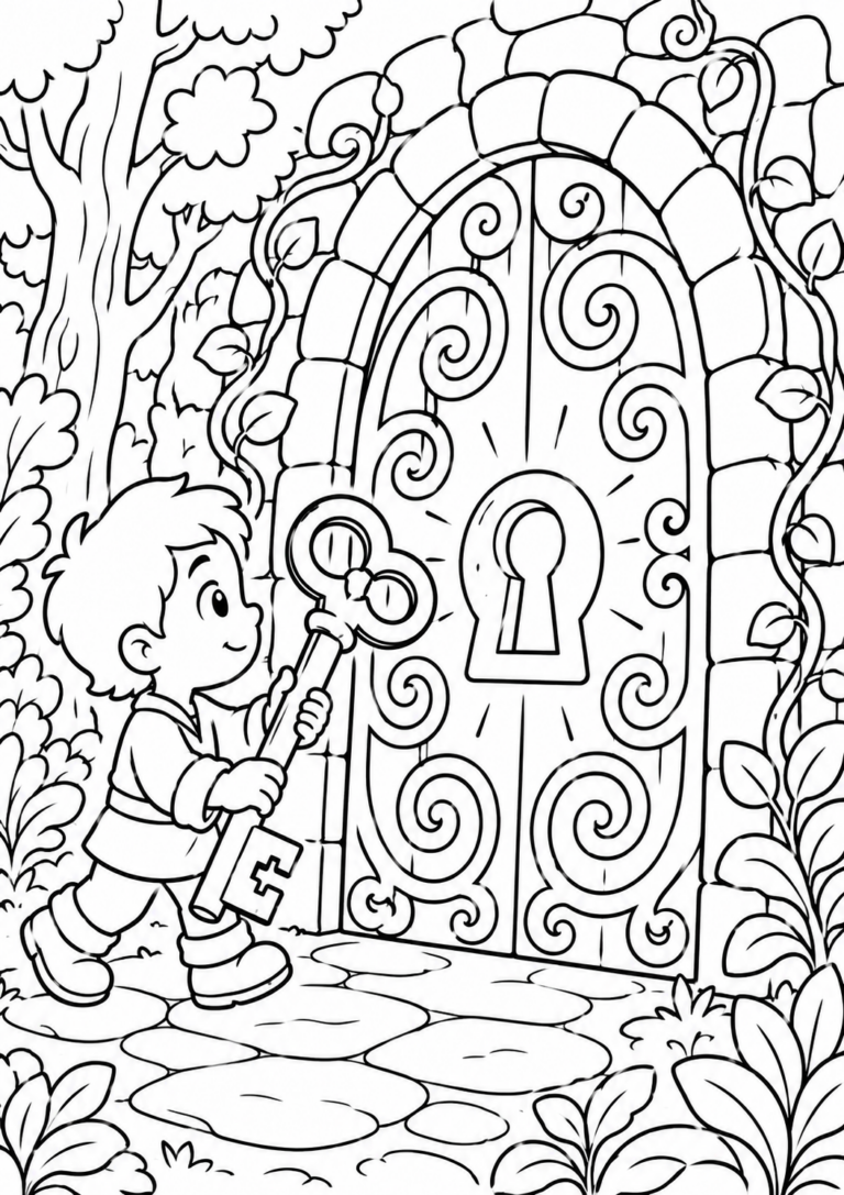 A child approaches a large, intricately designed magical door in a garden, holding a key, surrounded by trees and leaves.