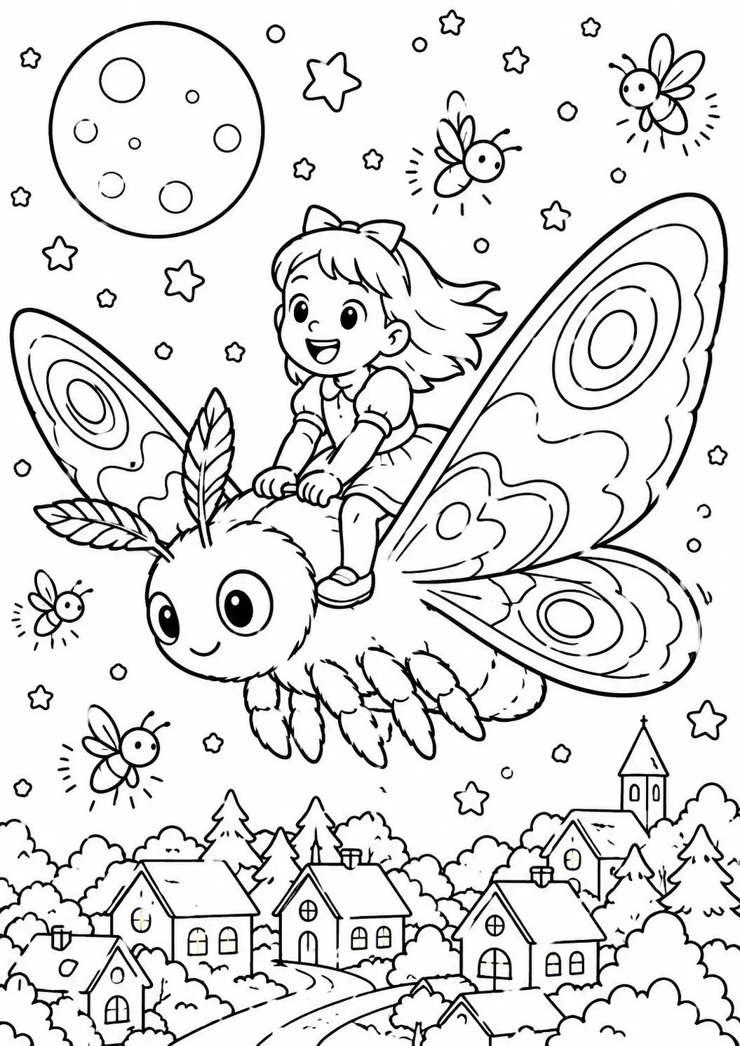 A child joyfully rides a friendly giant moth in a starry night sky, surrounded by fireflies and a quaint village below, creating a magical fantasy scene.