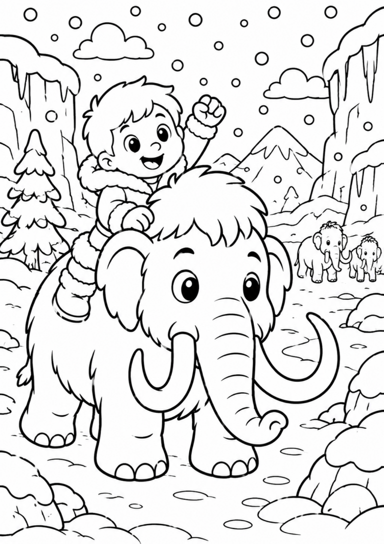 A delightful coloring page of a child joyfully riding a woolly mammoth in a snowy prehistoric landscape, with other mammoths in the background. Snowflakes gently fall, creating a magical adventure scene for children to color.