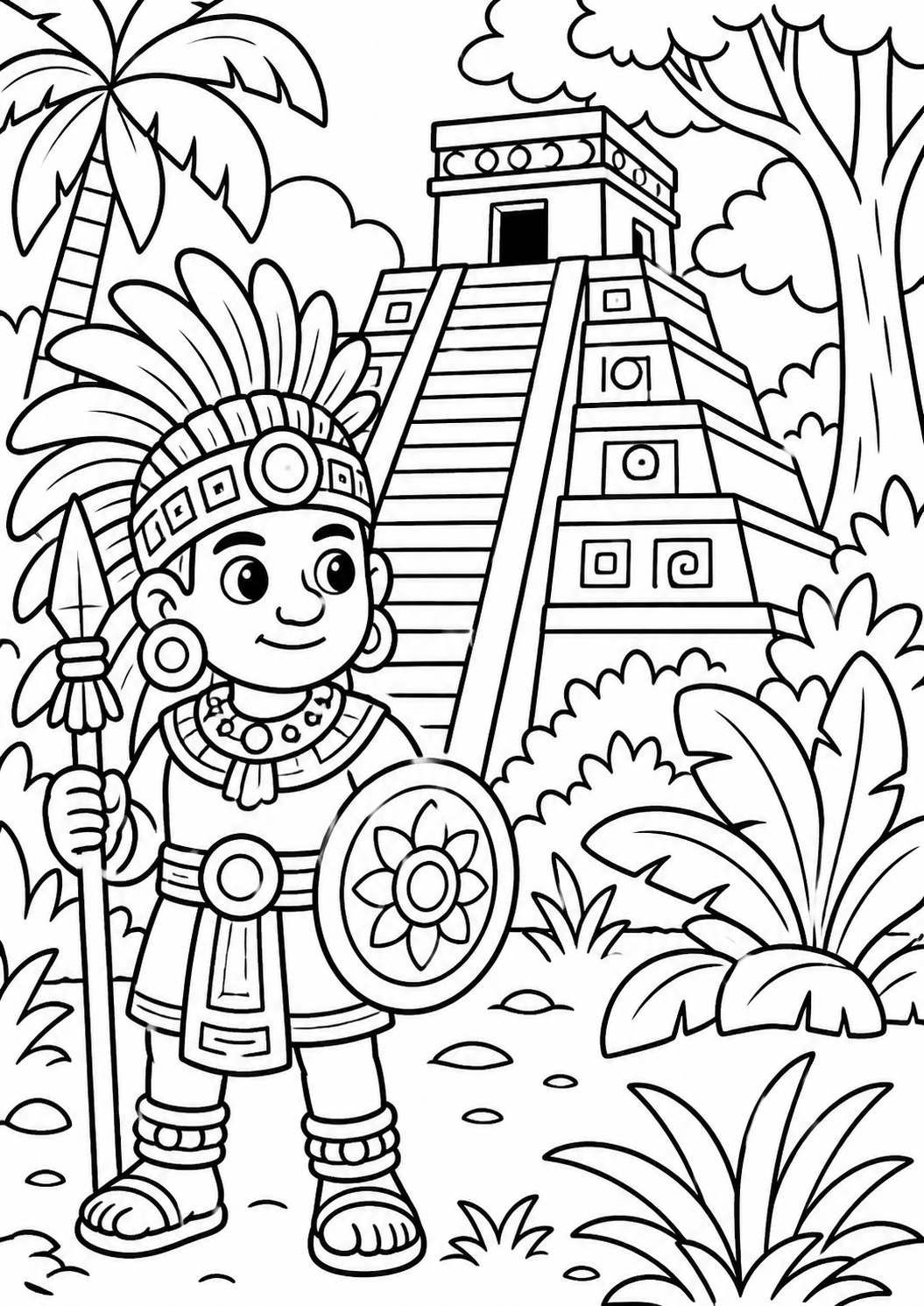 Black-and-white coloring page with a smiling Mayan warrior in traditional attire, holding a spear and shield, standing beside a large, stepped pyramid, surrounded by jungle foliage and trees.
