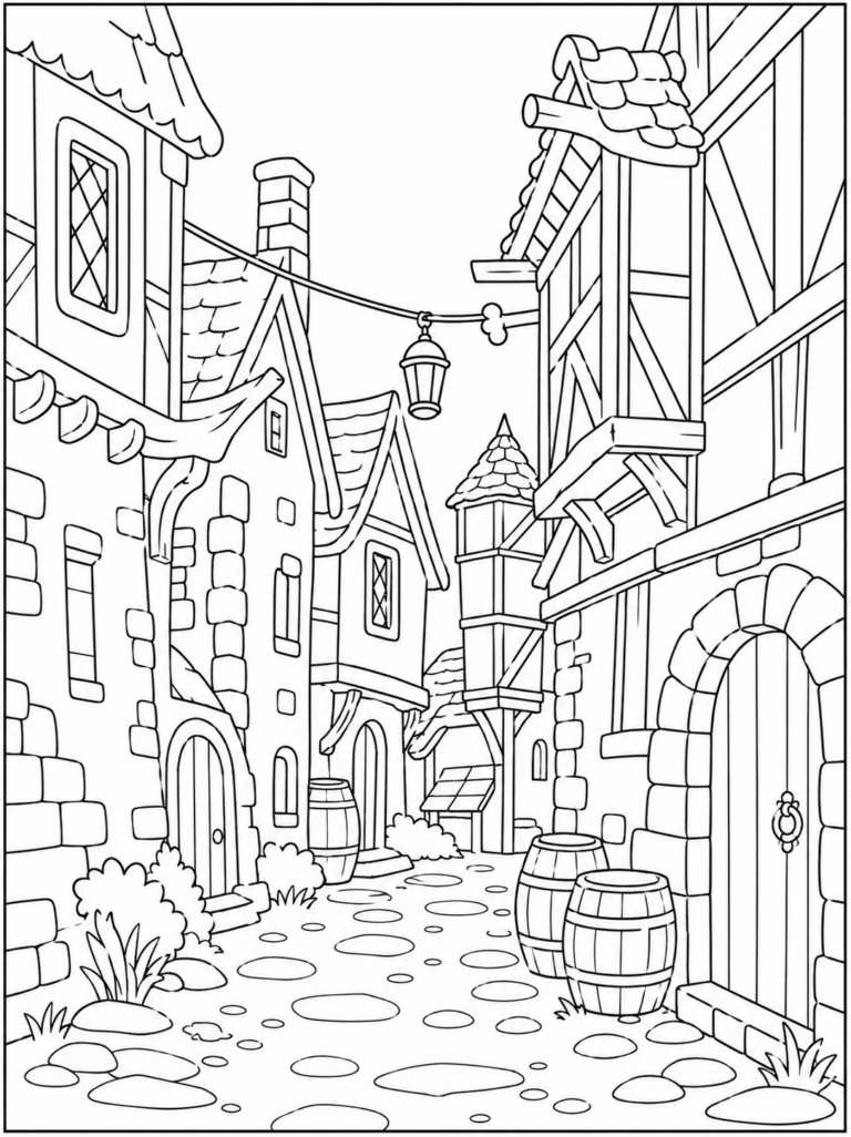 Color a medieval village scene with cobblestone paths, timber-framed houses, and rustic barrels, perfect for kids interested in exploring historical settings and enhancing their creativity with intricate details.