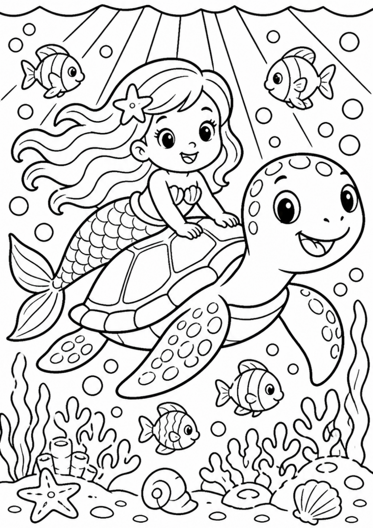 A delightful coloring page showcasing a mermaid and turtle swimming together surrounded by fish and sea life, inviting children to color and bring the underwater scene to life.