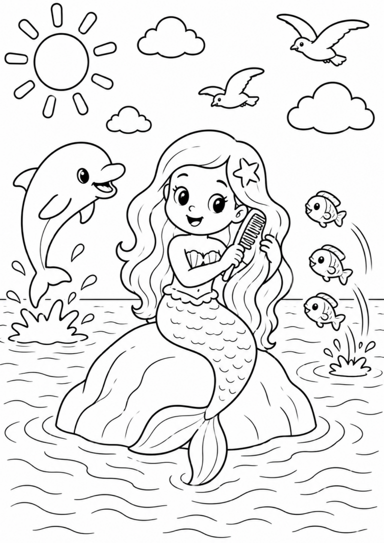 A cheerful mermaid on a rock, surrounded by jumping dolphins and fish under a cheerful sun and fluffy clouds, perfect for kids to color.