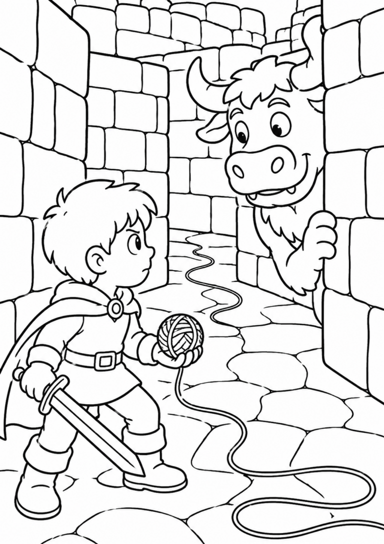 A young hero with a ball of yarn and sword in a stone maze, meeting a friendly Minotaur. Perfect for inspiring children with mythical adventures.