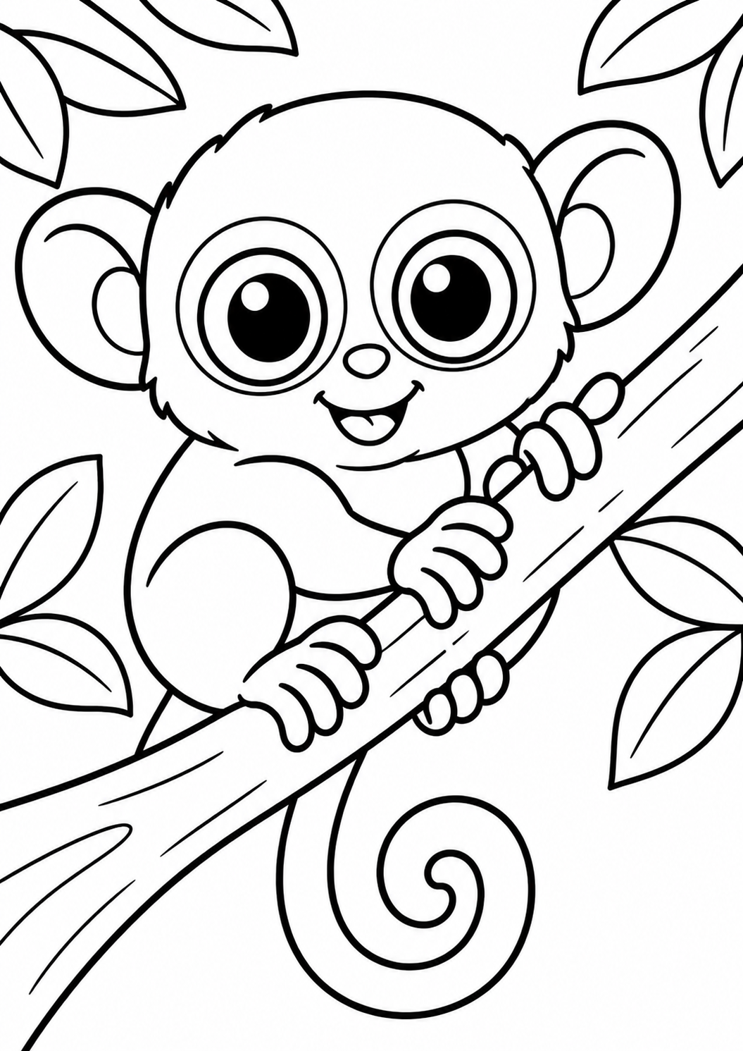 A cute monkey hanging on a tree branch in a jungle setting, ready for children to color. The scene provides an engaging and delightful coloring experience for young artists.
