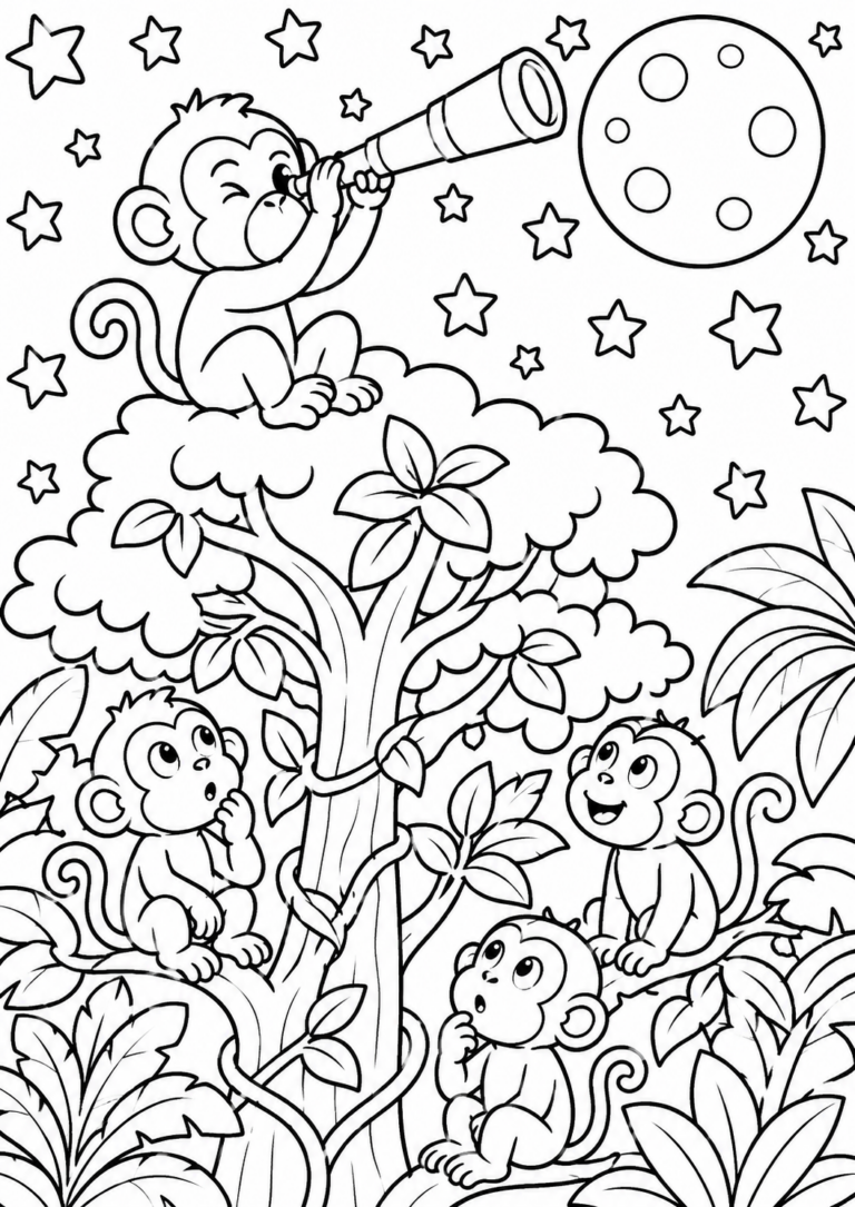 A group of playful monkeys stargazing with a telescope, sitting among tree branches, under a starry night sky. Perfect activity for kids vibrant coloring.