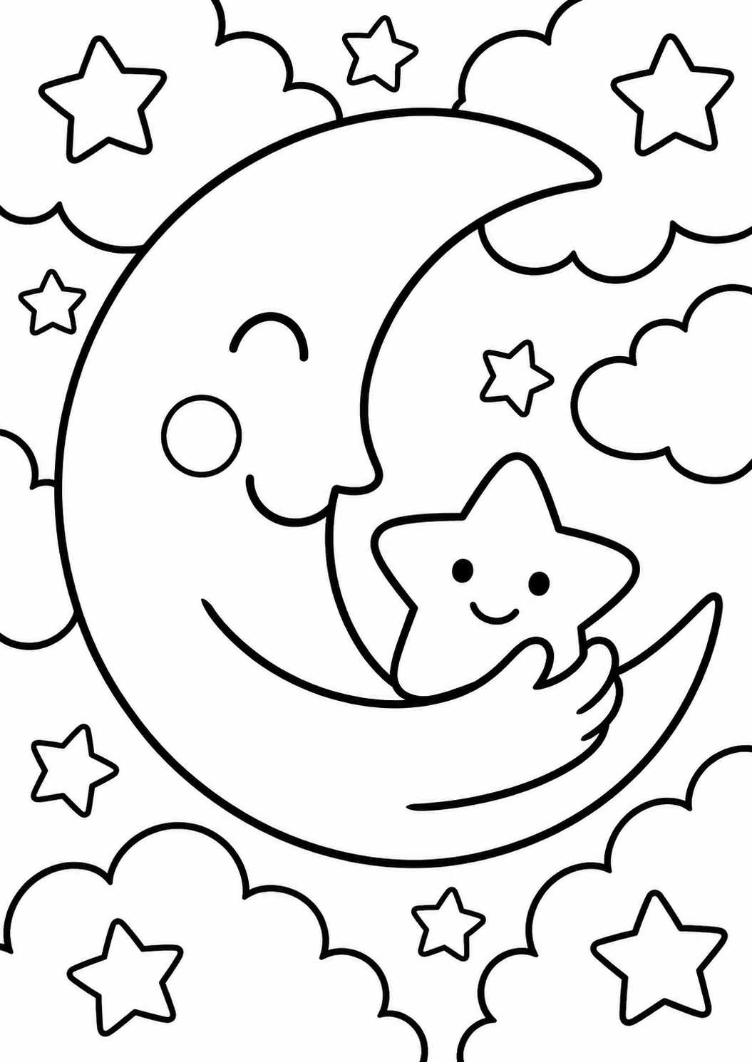 A delightful children's coloring page with a smiling crescent moon lovingly holding a star, surrounded by fluffy clouds and sparkling stars. This scene encourages imagination and creativity, making it perfect for a serene and joyful coloring experience.