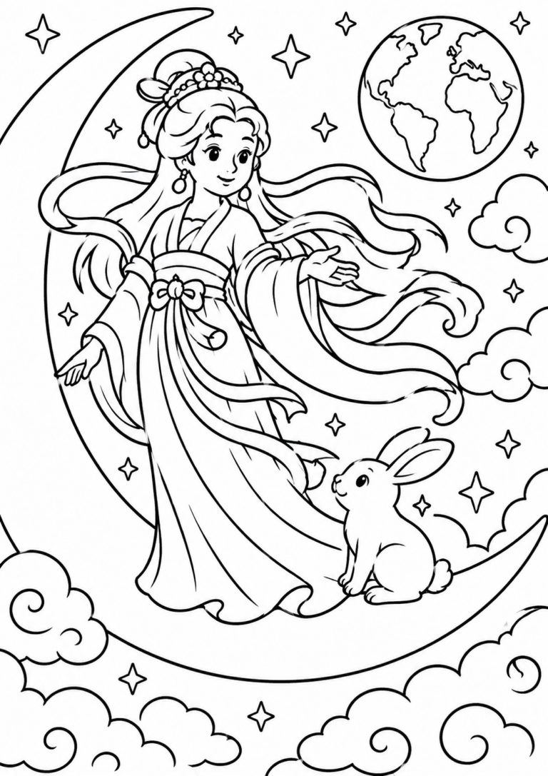 A serene moon goddess with flowing robes stands on a crescent moon next to a rabbit. Surrounded by stars and clouds, this celestial scene is perfect for kids to color.