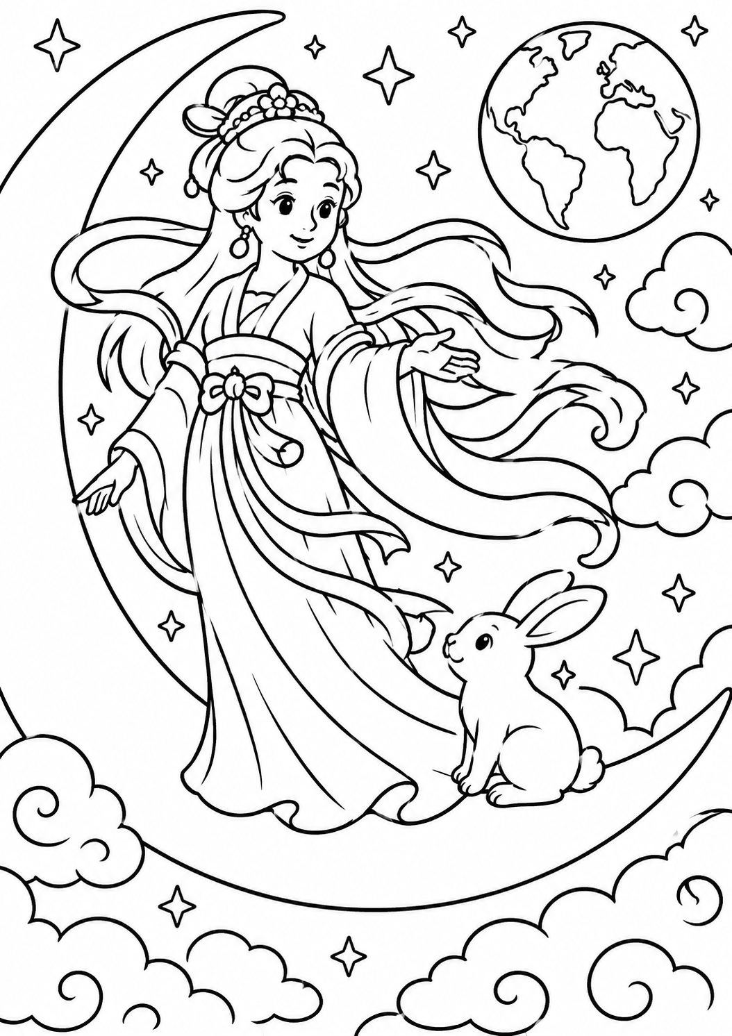 A serene moon goddess with flowing robes stands on a crescent moon next to a rabbit. Surrounded by stars and clouds, this celestial scene is perfect for kids to color.