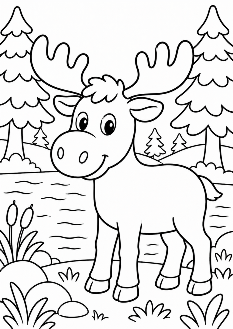 A cute moose stands in front of a serene lake, surrounded by tall trees and grasses, in this children's coloring page designed to encourage creativity and fine motor skills.