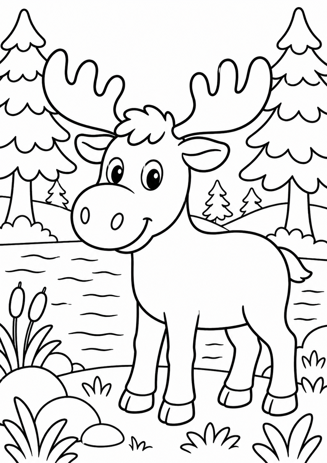 A cute moose stands in front of a serene lake, surrounded by tall trees and grasses, in this children's coloring page designed to encourage creativity and fine motor skills.