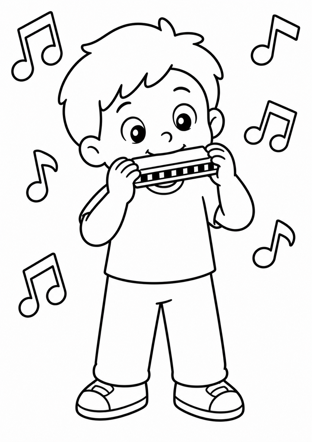 A child is playing a harmonica on a coloring page, with musical notes floating around. Kids can color the happy character and notes, sparking their interest in music.