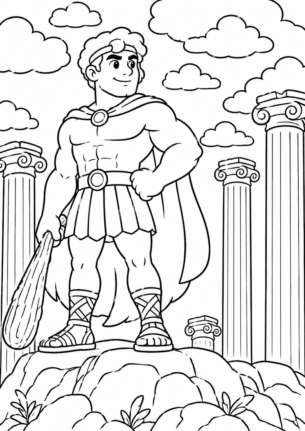 A heroic figure in a skirt and sandals, wielding a club, stands before ancient Greek columns. His strong posture and flowing cape create an inspiring scene for children to color.