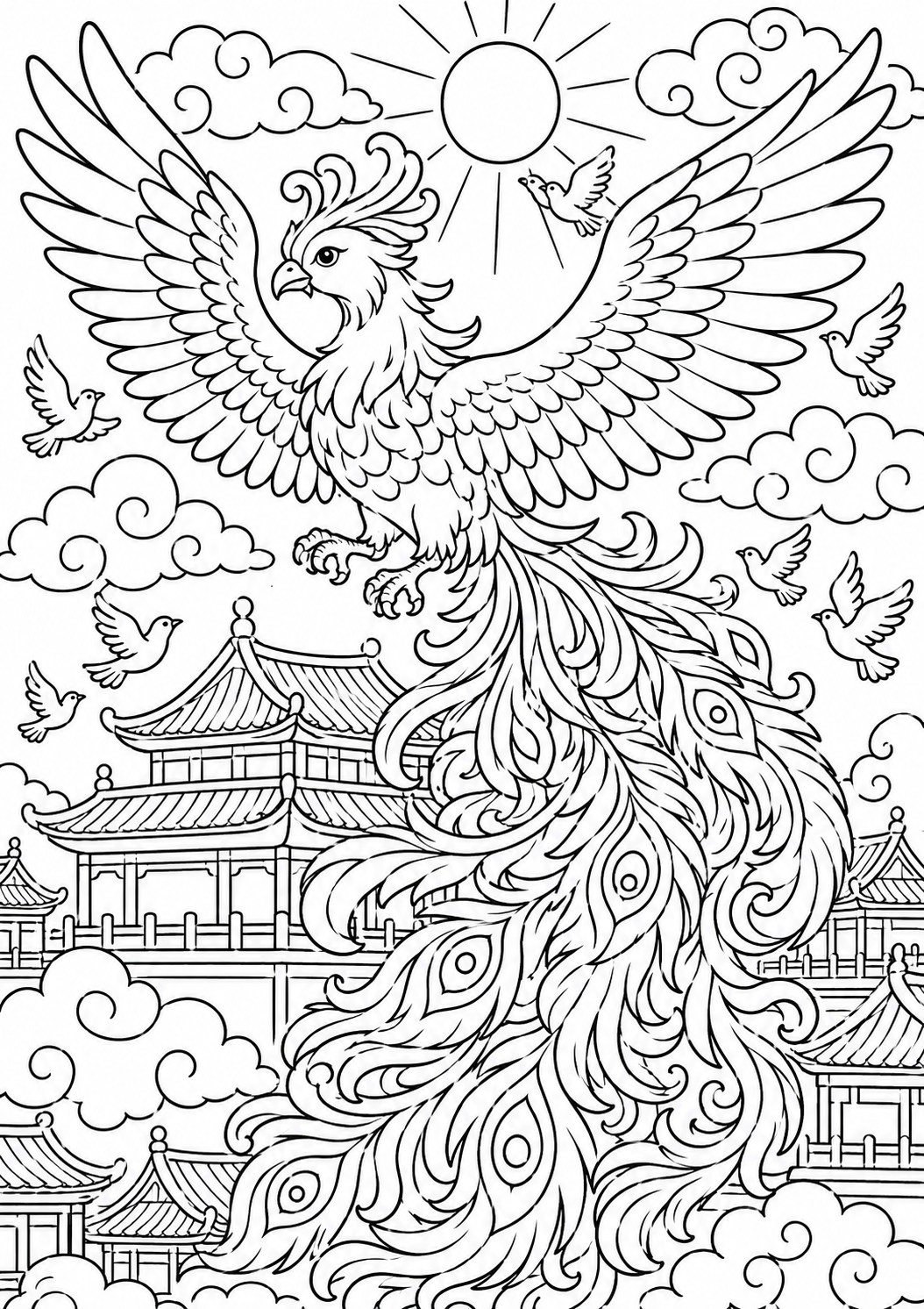 A detailed coloring page depicting a majestic phoenix flying over traditional buildings, with elaborate feathers and surrounded by other birds, set against a backdrop of clouds and sunlight.
