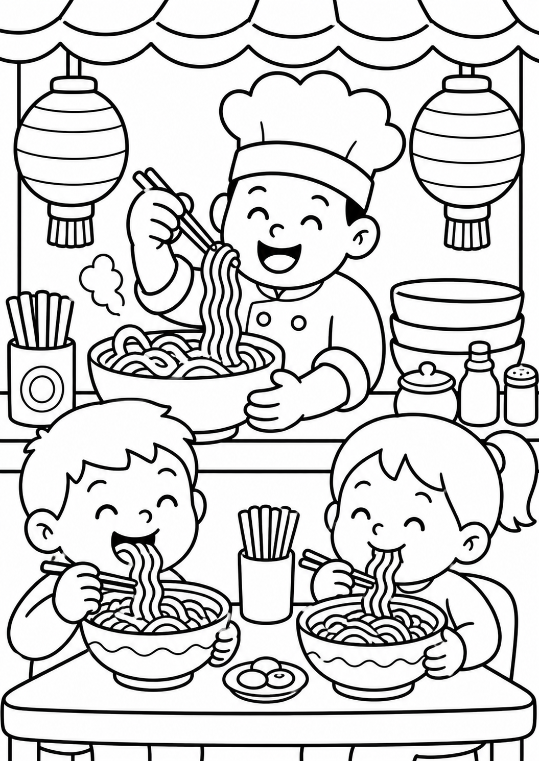 A coloring page featuring a smiling chef serving noodles to happy children in a charming noodle shop with traditional decor.