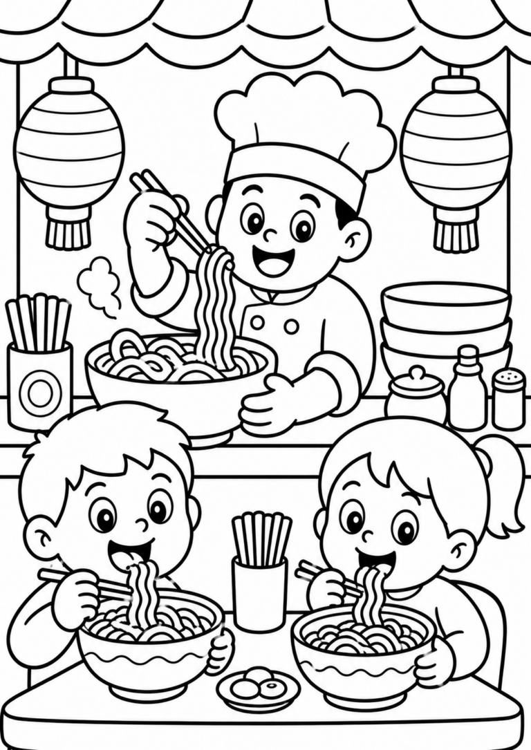 Children enjoying noodles at a vibrant noodle stand, with a cheerful chef serving hot noodles under decorative lanterns, creating a lively and festive atmosphere.