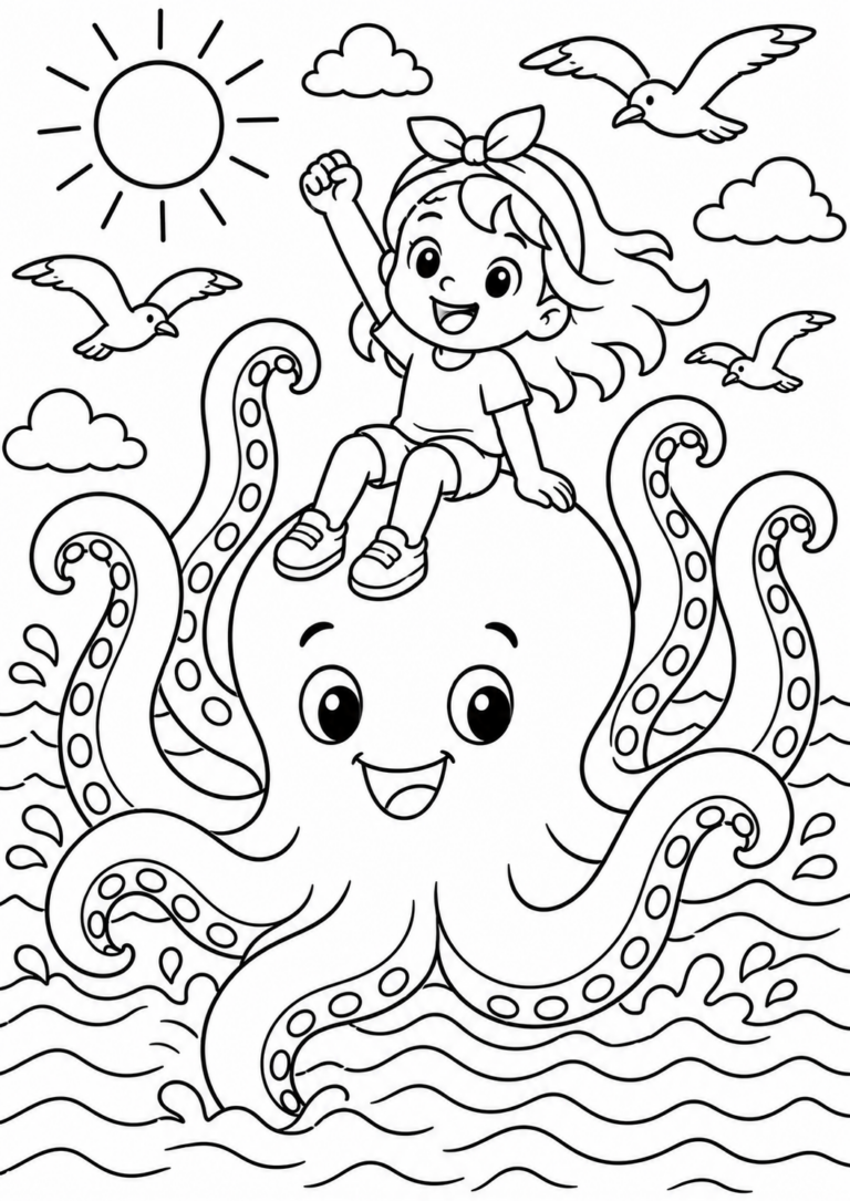 A child excitedly rides a smiling octopus in the ocean, with seagulls flying nearby and a bright sun overhead. This coloring page captures a playful sea adventure scene.