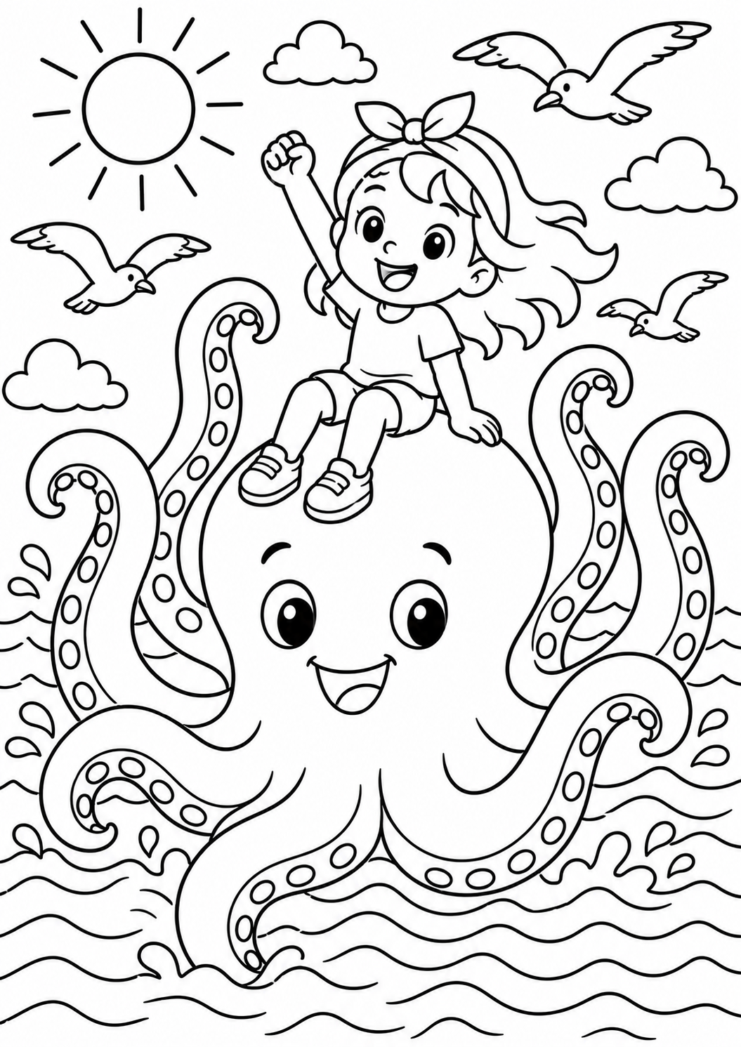 A child excitedly rides a smiling octopus in the ocean, with seagulls flying nearby and a bright sun overhead. This coloring page captures a playful sea adventure scene.