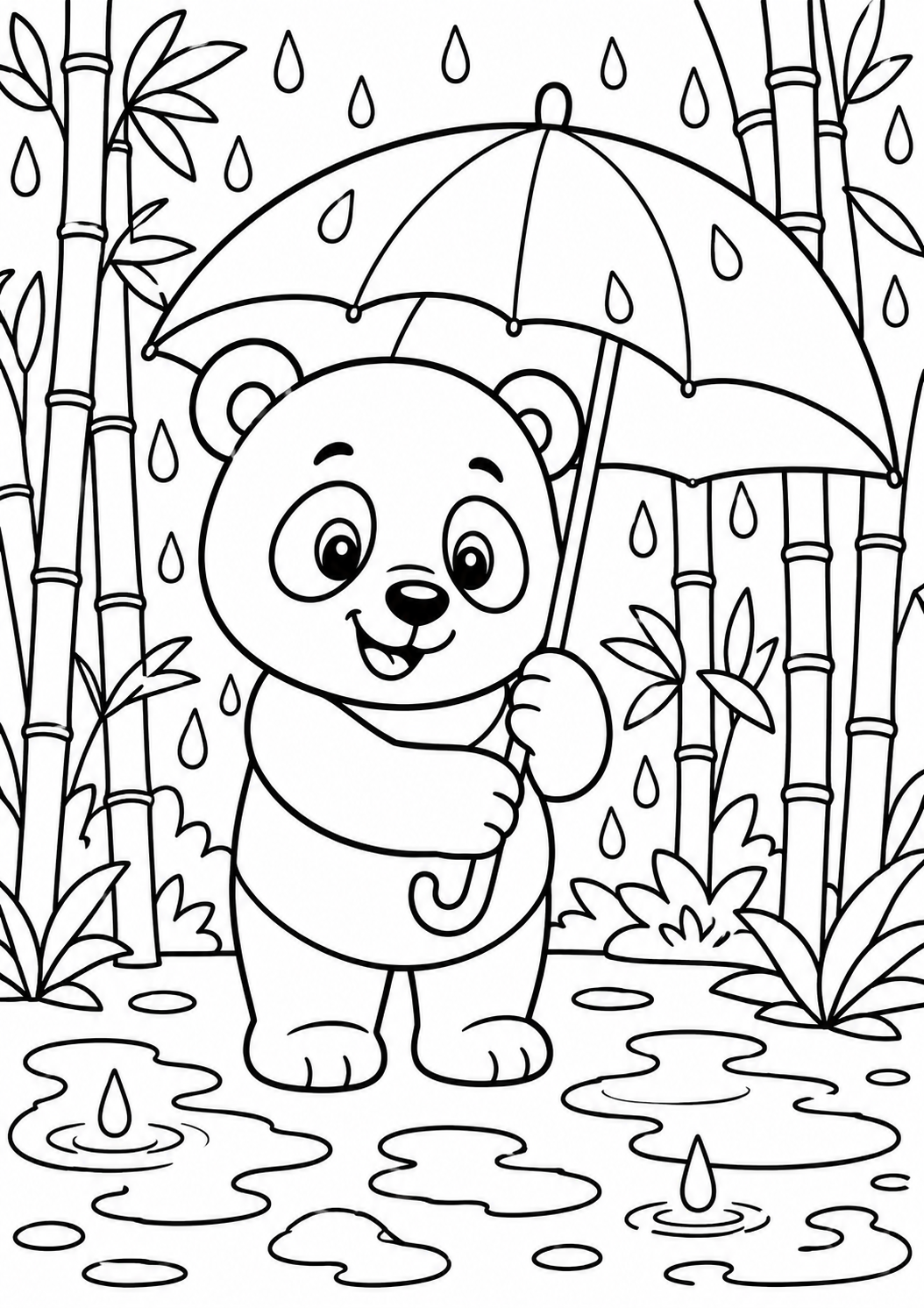 An adorable panda is holding an umbrella standing amidst a bamboo forest in the rain. Kids can color the panda, raindrops, and bamboo to enhance their artistic skills.