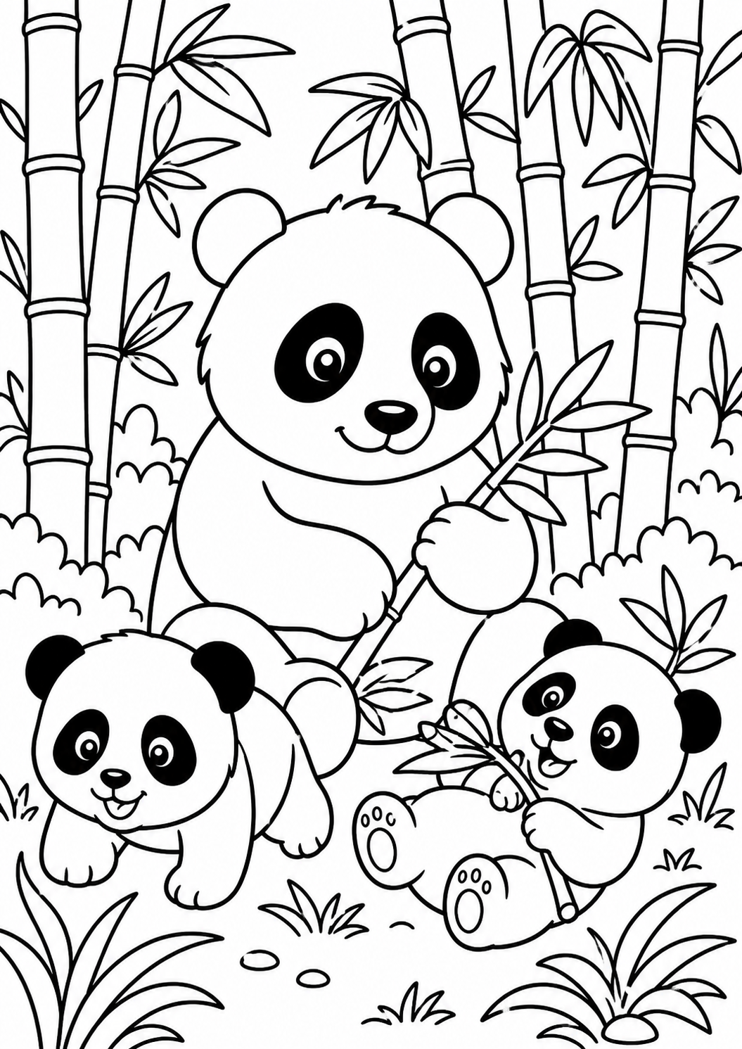 Charming coloring page of a panda family with a parent panda and two cubs in a bamboo forest, perfect for young artists to color.