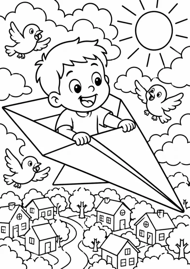A cheerful child flies in a large paper airplane over a village, accompanied by birds and a bright sun, creating an exciting fantasy adventure coloring page.