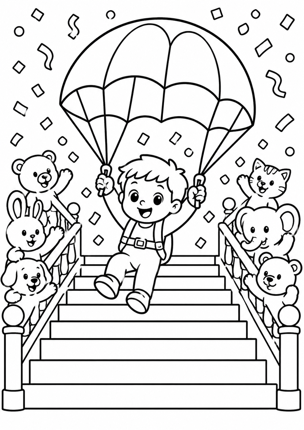 A child joyfully descends a staircase with a parachute, surrounded by cheerful animals like a bunny, bear, dog, elephant, and cat. Confetti fills the air, creating a lively scene for children to color.