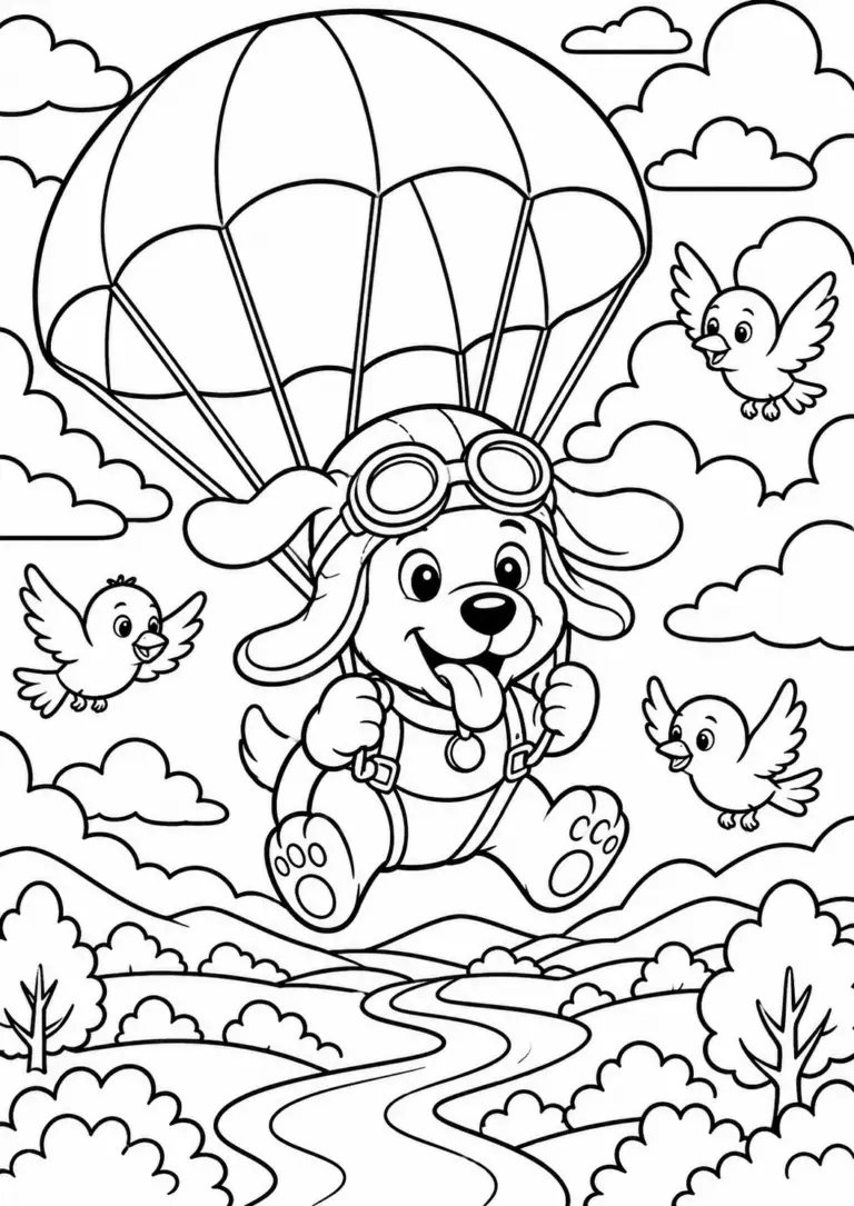 A happy puppy wearing goggles is parachuting through the sky, accompanied by several birds. The background showcases a scenic landscape with rolling hills and fluffy clouds, creating an engaging setting for children to color.