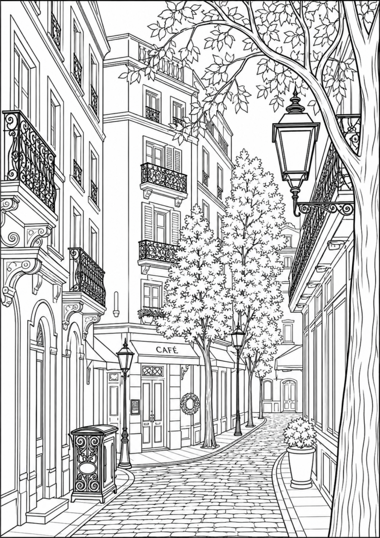 A coloring page showing a picturesque Parisian street with elegant buildings, ornate balconies, and a cozy cafe. Complete with street lamps and leafy trees, providing an engaging coloring experience.