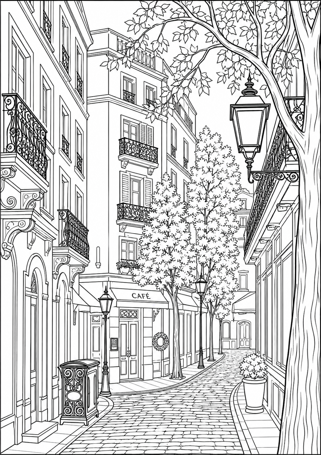 A coloring page showing a picturesque Parisian street with elegant buildings, ornate balconies, and a cozy cafe. Complete with street lamps and leafy trees, providing an engaging coloring experience.