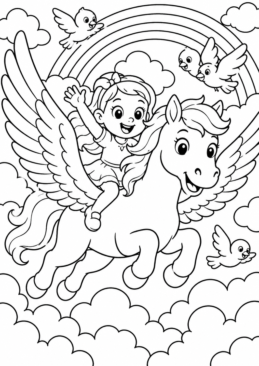 A delightful coloring page displaying a child on a pegasus flying across a vibrant sky with a rainbow and birds, encouraging imaginative coloring and creativity for young enthusiasts of magical stories.