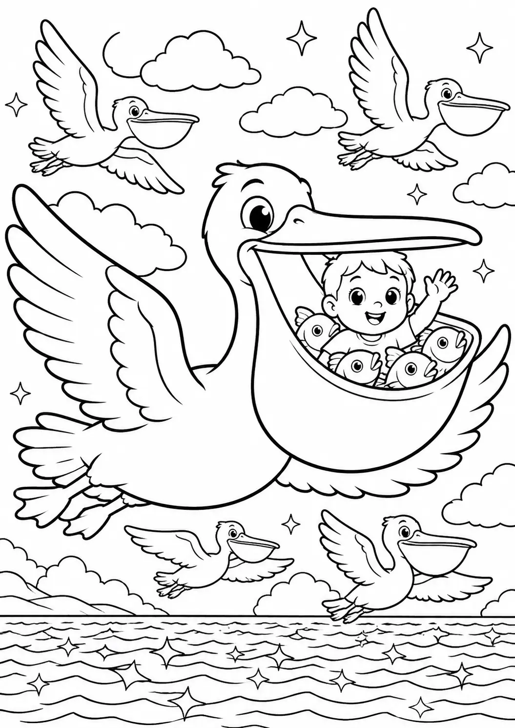 Coloring page with a pelican carrying a child and fish in its beak, flying over the ocean with other pelicans and clouds in the sky.