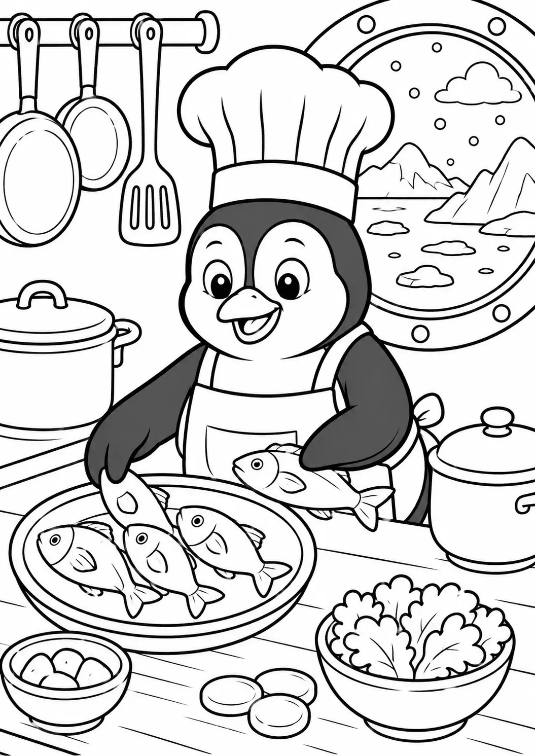 A penguin wearing a chef's hat and apron stands in a kitchen, preparing fish on a plate. The kitchen has various cooking utensils hanging and a window showing a scenic ocean view. Children can color the cheerful penguin and the detailed kitchen.