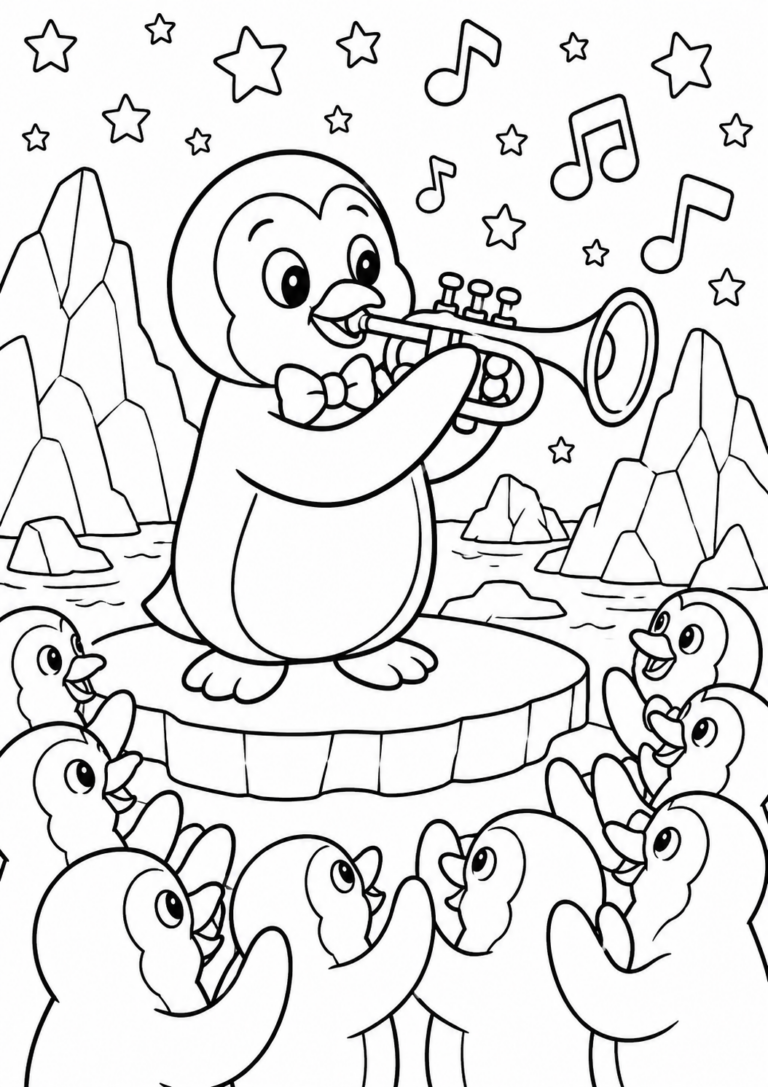 Penguin playing trumpet on ice floe with penguin friends listening, surrounded by icebergs, stars, and music notes, encouraging creativity and storytelling.
