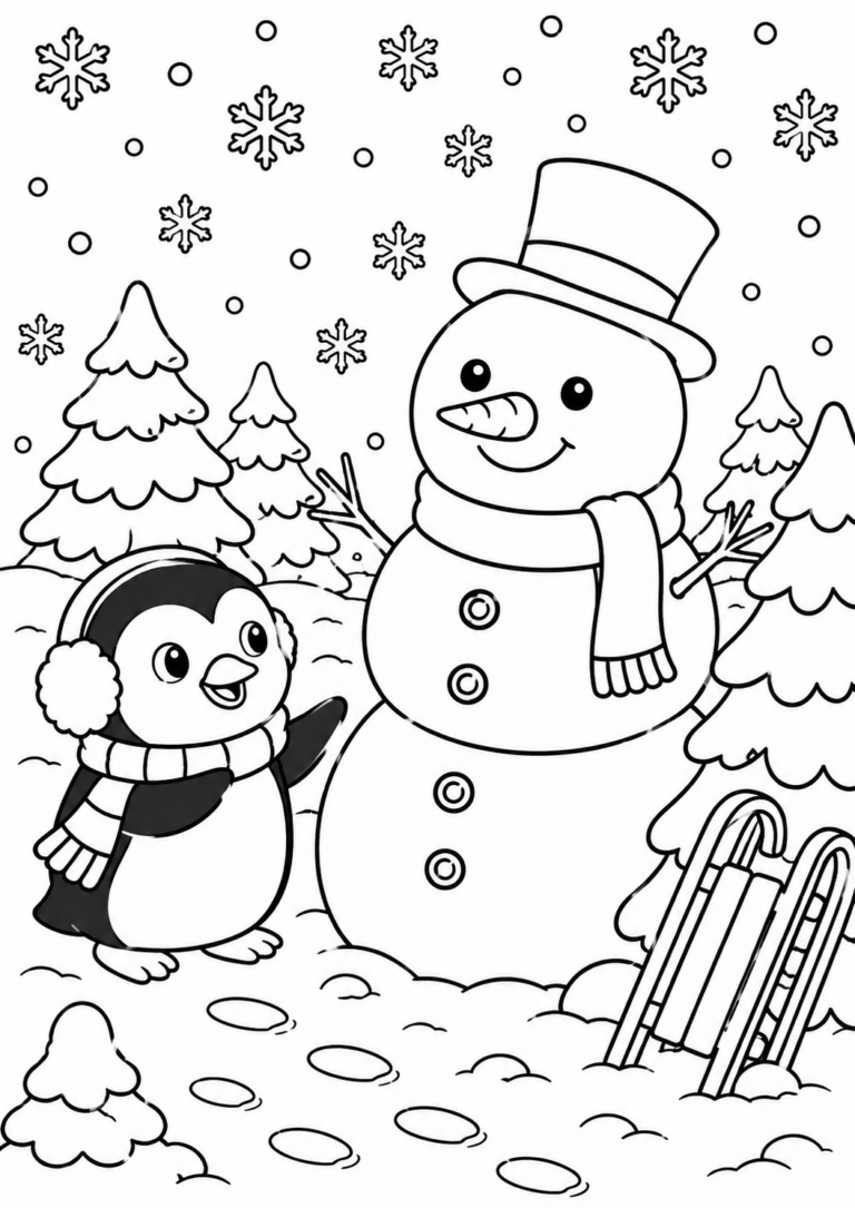 A penguin with earmuffs and a scarf meets a snowman wearing a top hat amid falling snowflakes, surrounded by winter trees.