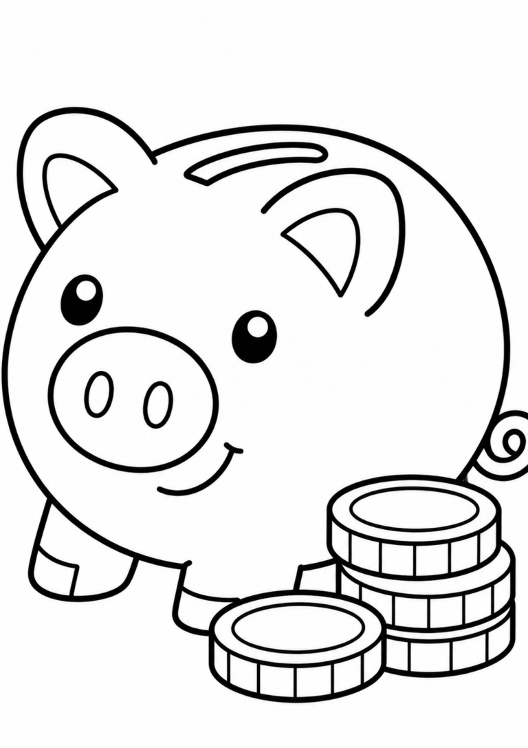 A charming coloring image of a piggy bank beside coins, ideal for kids to learn about saving. The outline is simple, encouraging creativity and color exploration.