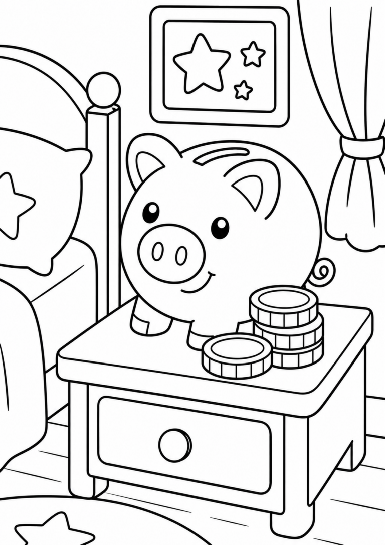 A children's coloring page showing a cheerful piggy bank on a table. It includes coins, a bed with star-themed decor, and a star picture frame, set in a cozy room.