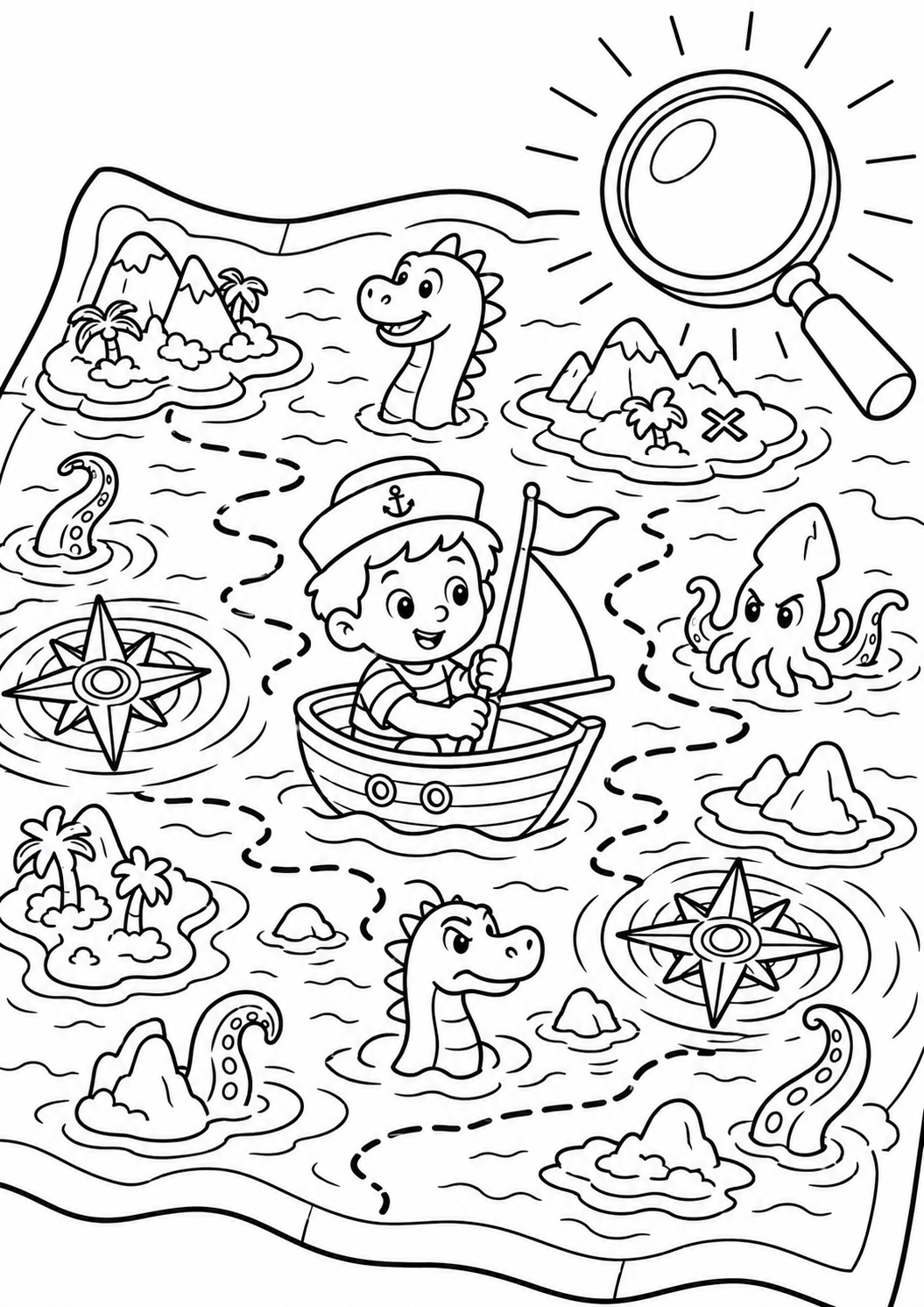 Children’s coloring page of a pirate adventure map featuring a sailor boy in a boat, sea monsters, islands, and a magnifying glass, inviting kids to color a fun and mythical maritime journey.