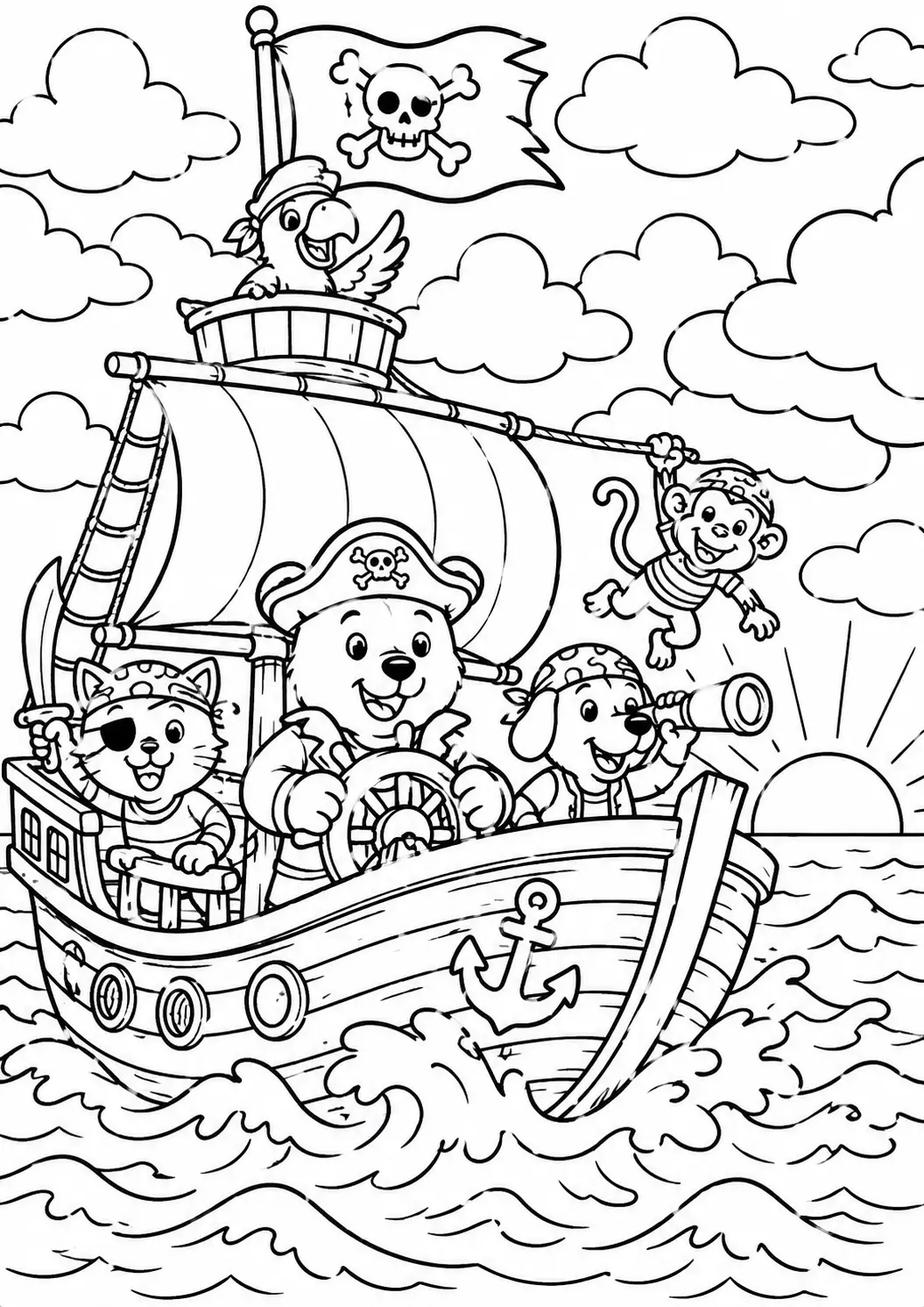 A pirate-themed coloring page with animals, including a parrot, monkey, cat, and dog on a pirate ship. They are sailing across a sunny ocean, creating a playful and adventurous scene for children to color.