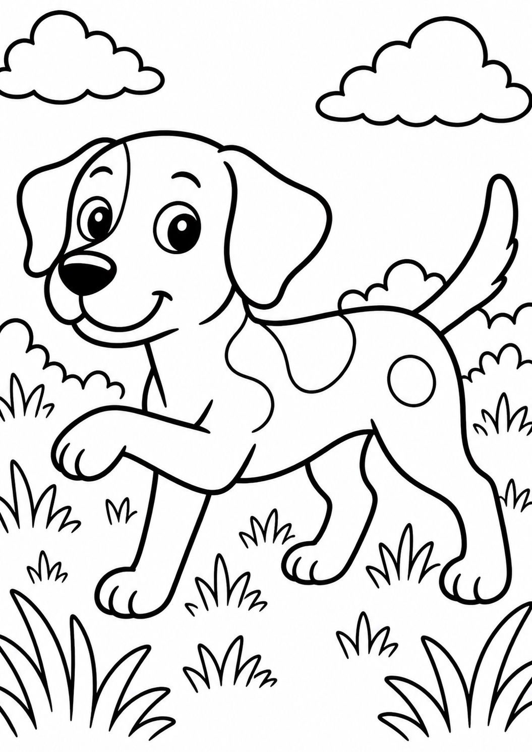 A playful dog with a wagging tail in a grassy park setting, surrounded by fluffy clouds. Perfect for children to color and explore their creativity with a charming animal scene.