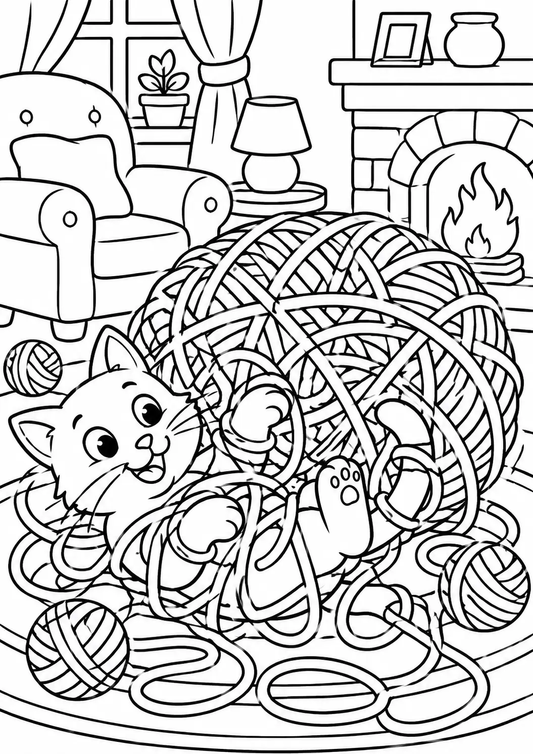 A delightful coloring page showing a playful kitten tangled in yarn in a cozy room with a fireplace, armchair, and cheerful decorative items, perfect for children to color in.