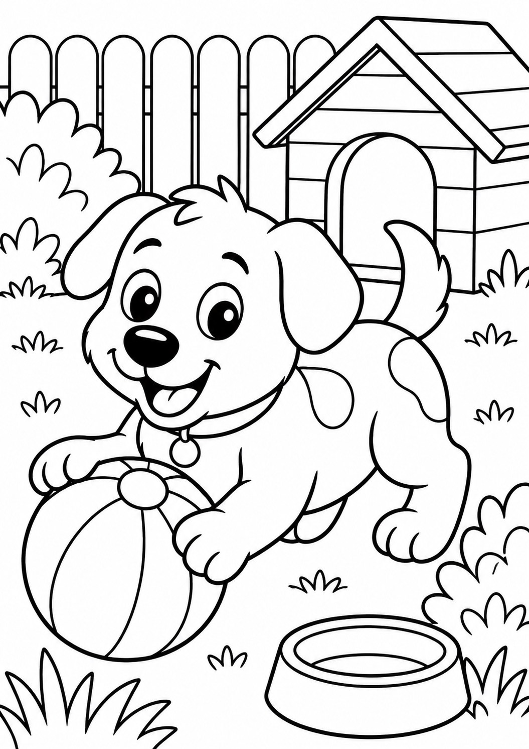 A cheerful puppy playing with a ball in a backyard setting, featuring a doghouse, a bowl, and surrounded by lush bushes and a picket fence.