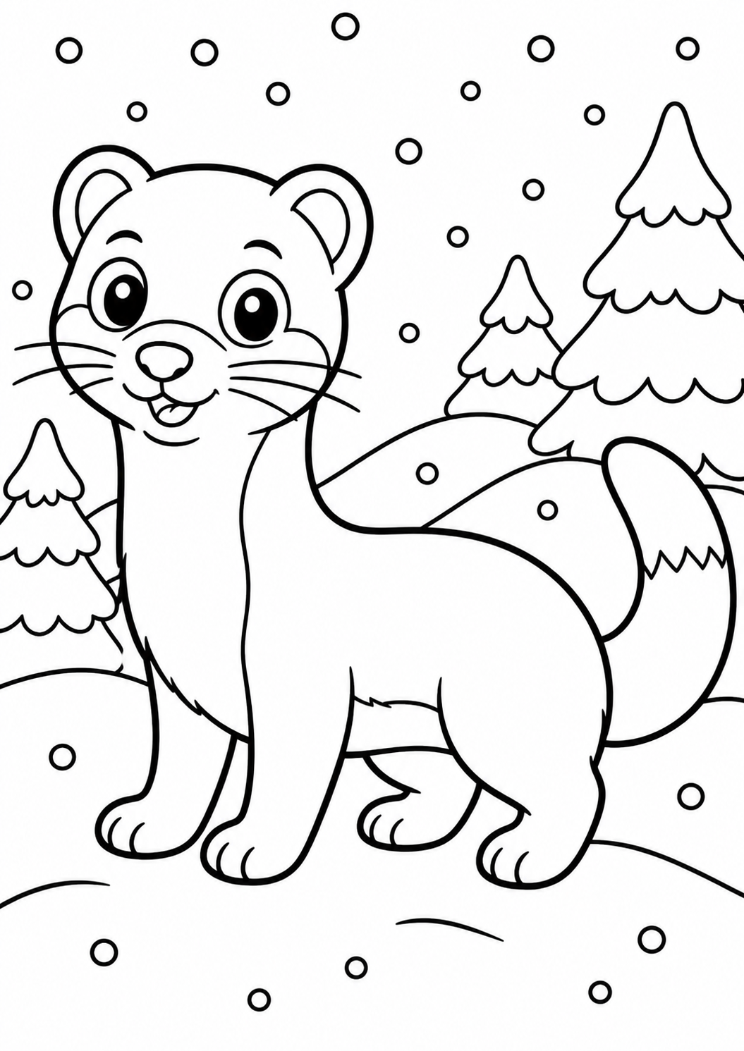 Children's coloring page of a playful otter in a snowy scene, featuring trees and falling snow. Ideal for kids to color an otter with a furry coat and friendly smile amidst a wintry landscape.
