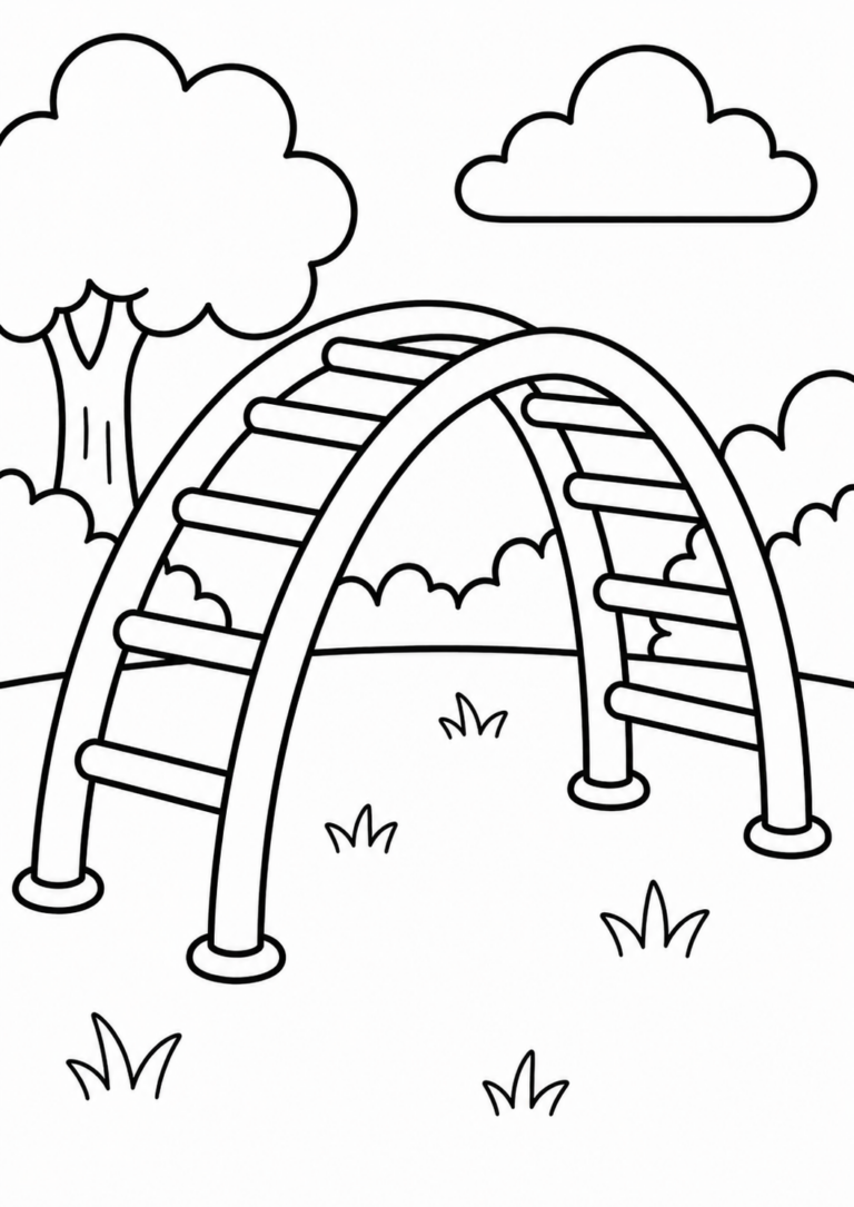 A coloring page with a playground scene, showing a large arch ladder under trees and clouds. Children can fill in the details with their choice of colors and create a vibrant setting.