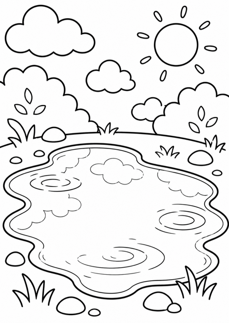 A serene pond in a landscape for children to color, complete with clouds, the sun, bushes, and water reflections. This nature scene is ideal for kids to explore creativity and imagination through coloring.