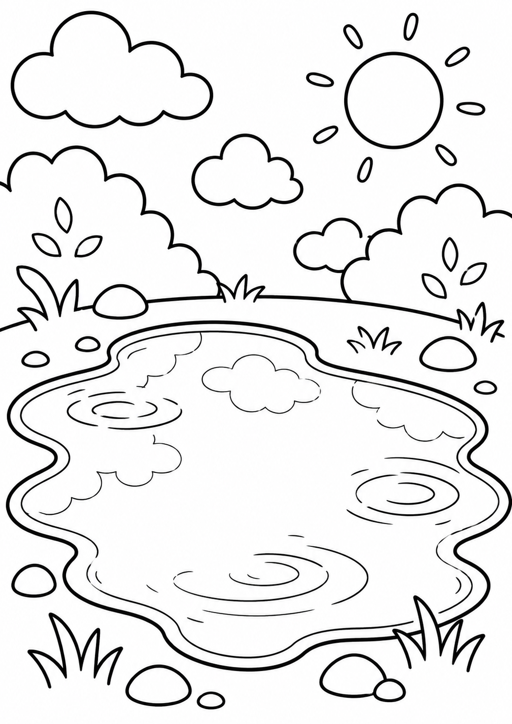 A serene pond in a landscape for children to color, complete with clouds, the sun, bushes, and water reflections. This nature scene is ideal for kids to explore creativity and imagination through coloring.