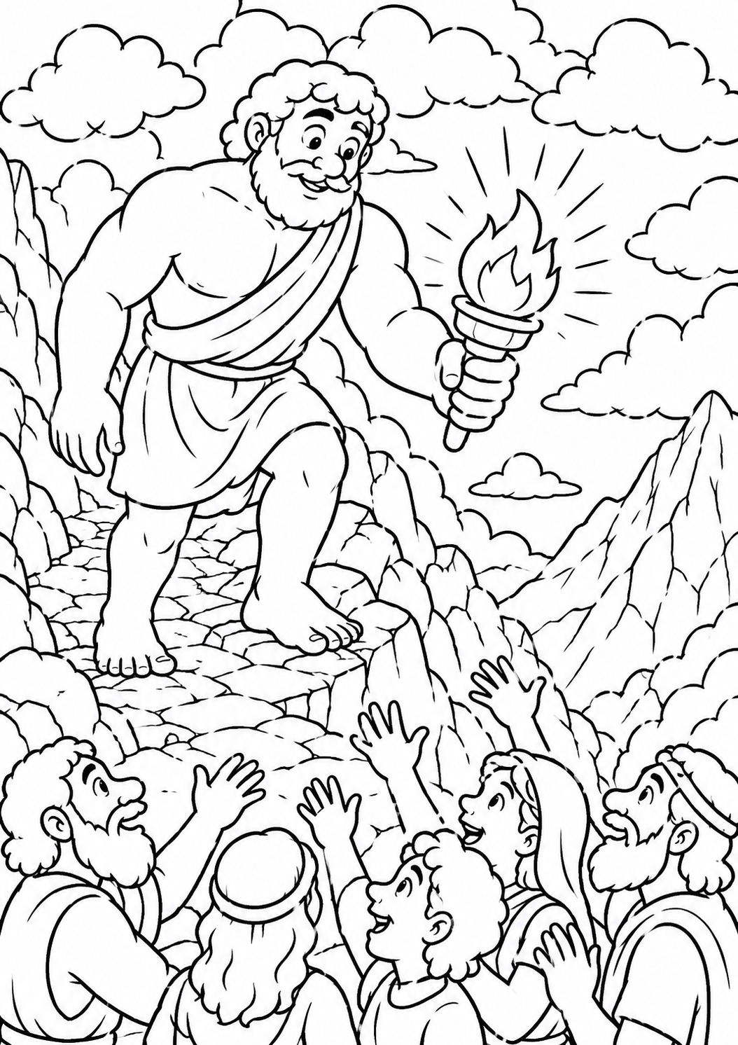A coloring page featuring Prometheus holding a flaming torch with people reaching out towards him. The background includes mountains and clouds, creating a mythical atmosphere for children to color and explore the legend.